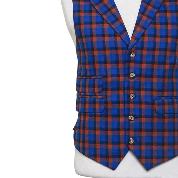 Mens Plaid Vest 44R Wool Blue Orange Waistcoat XL Formal Wedding Groom Party - Picture 7 of 9